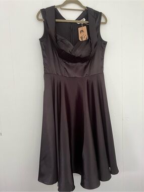 NEW Maggie Tang Satin Dress Fit & Flare Cocktail Dress with Draped Bust Sz Large